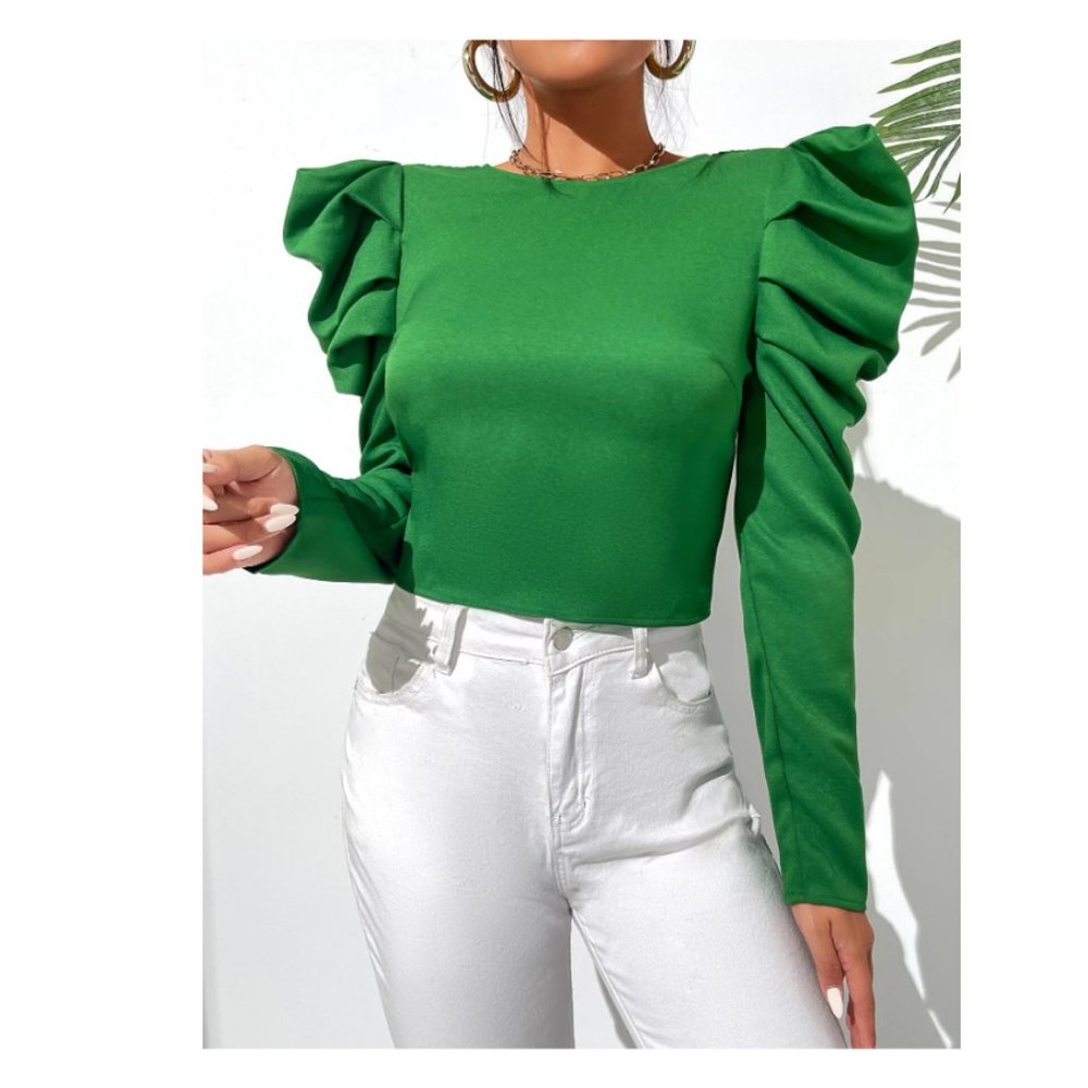 SHEIN Gigot Sleeve Drawstring Back Crop Shirt in Green Size M NWT